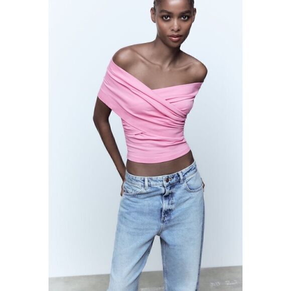 NWT Zara Pink Wrap Front V-Neck Open Exposed Shoulders Side Pleats Surplice Top - Picture 3 of 13